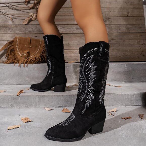 Women's Suede Embroidered Side Zipper High Heeled Boots With Sloping Heel Black - Picture 4 of 7